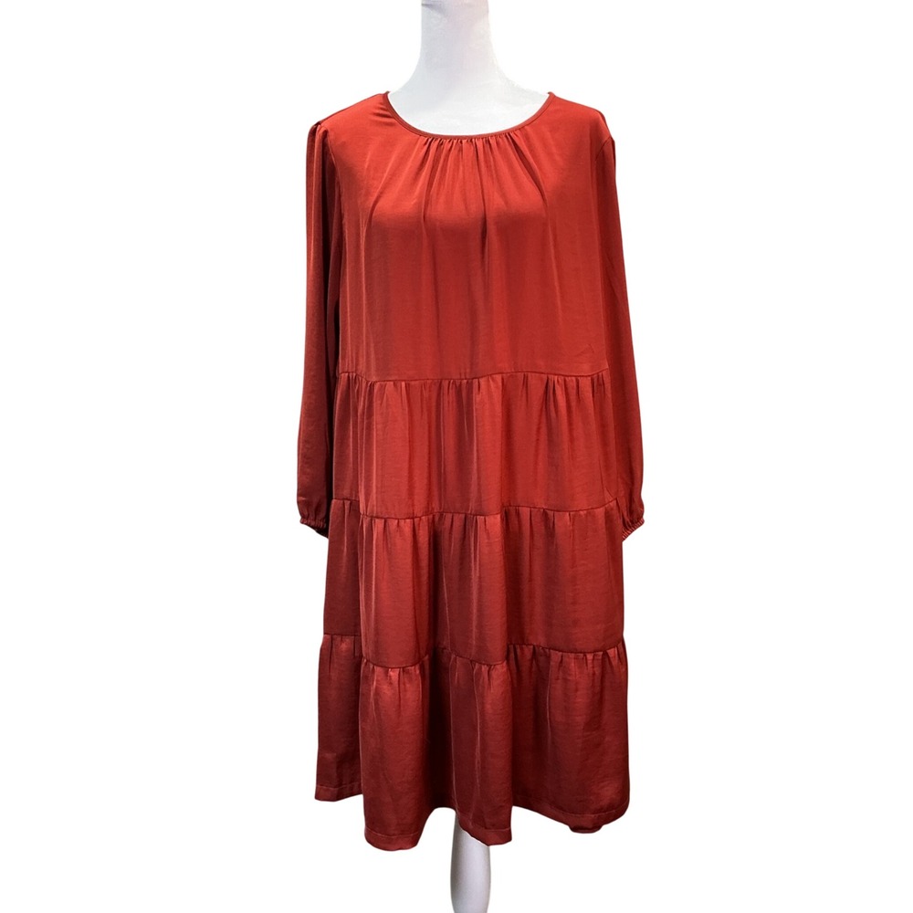 Tommy Hilfiger Womens Rust Orange Tiered Satin Shift Dress Long Sleeve Size 12